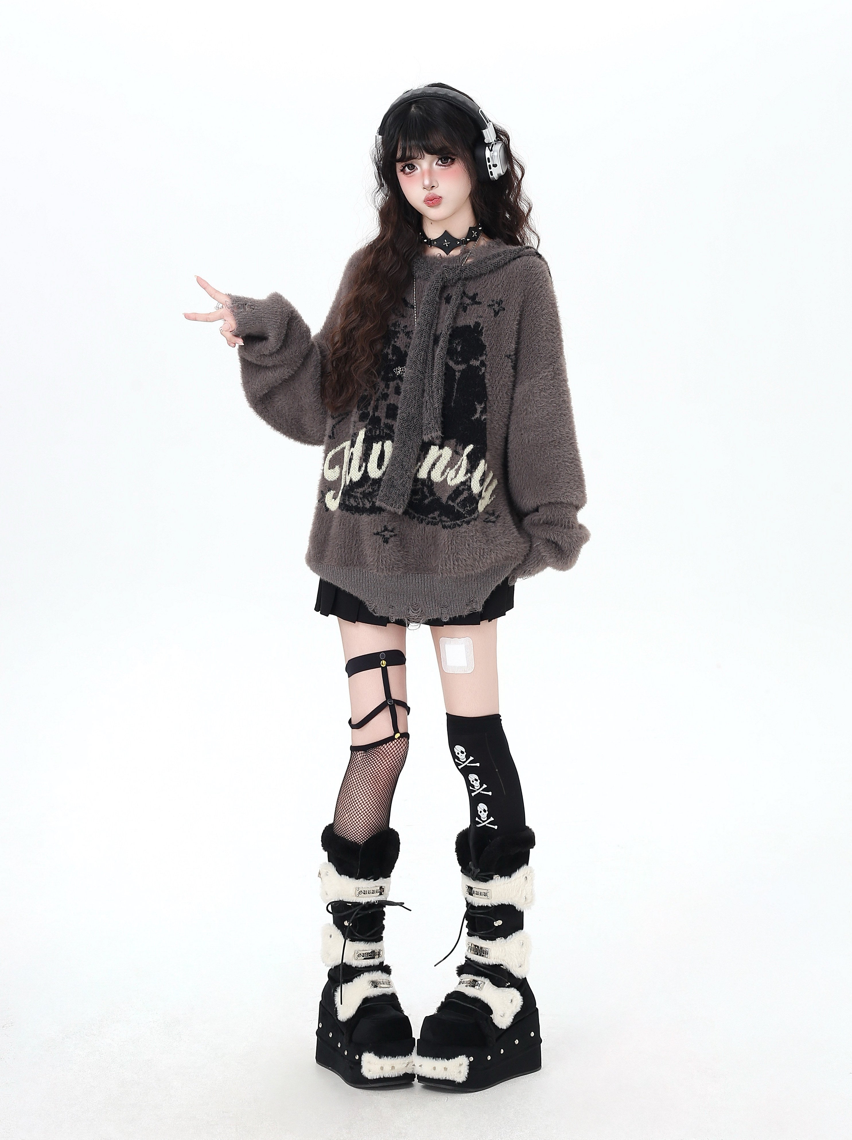 Crazy Girl Detachable Hat Faux Mink Fur Vintage Letter Oversized Casual Soft Sweater