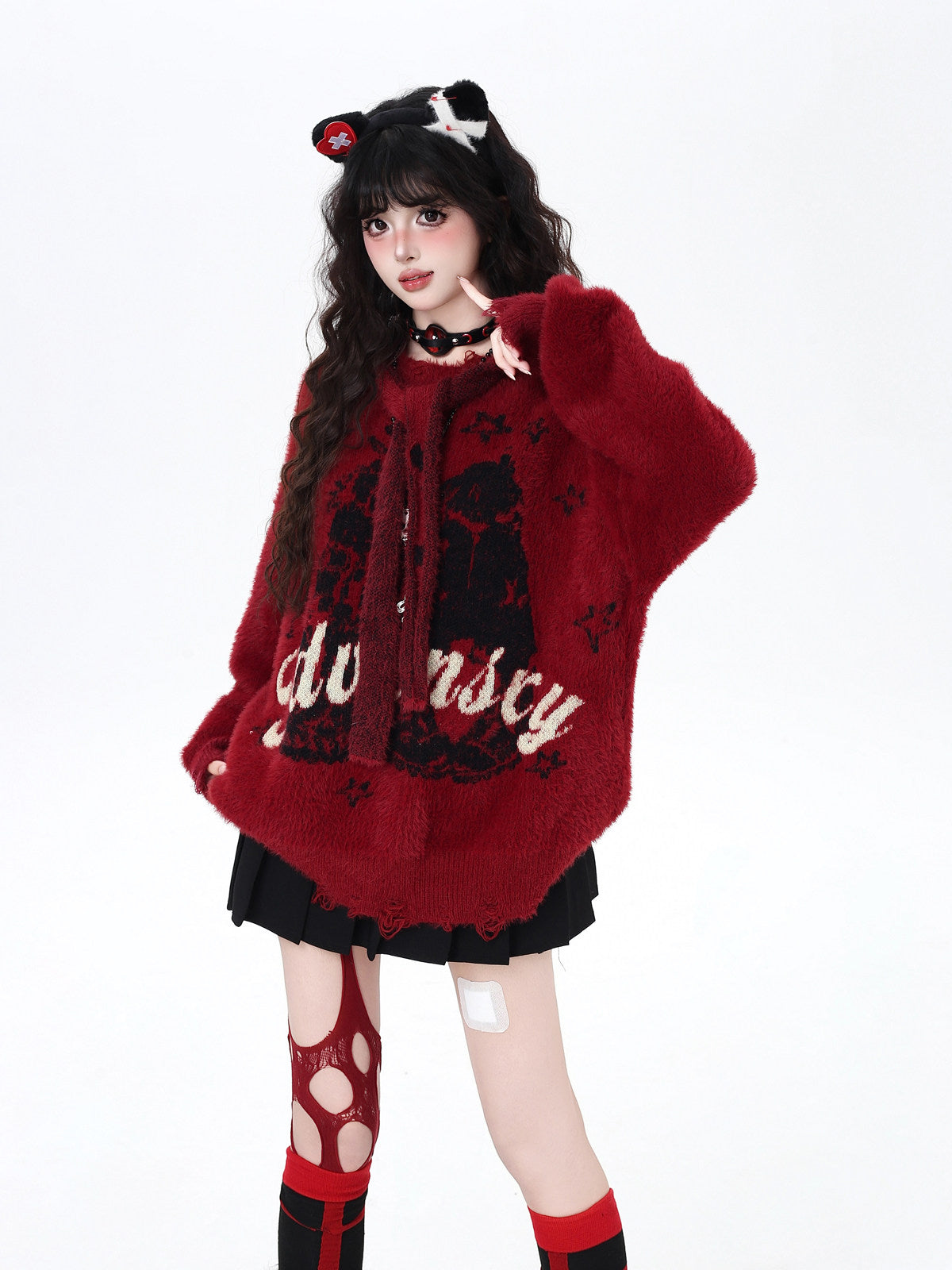 Crazy Girl Detachable Hat Faux Mink Fur Vintage Letter Oversized Casual Soft Sweater