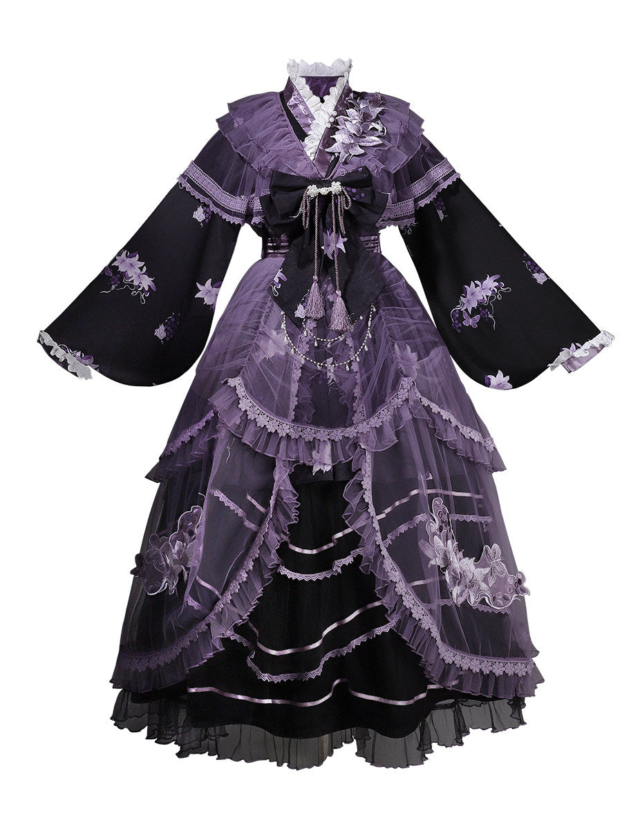 Purple Lily Chinese Lolita Set- Gauze Hanfu Jacket Cross Collar Dress Skirt - S-XL