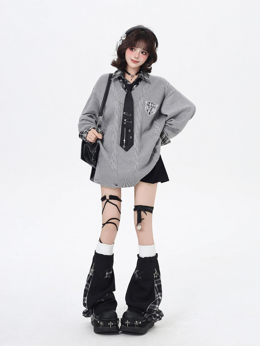 Art Student Vintage American Fake Two-Piece Plaid Oversized Casual Sweater – Fall Winter College