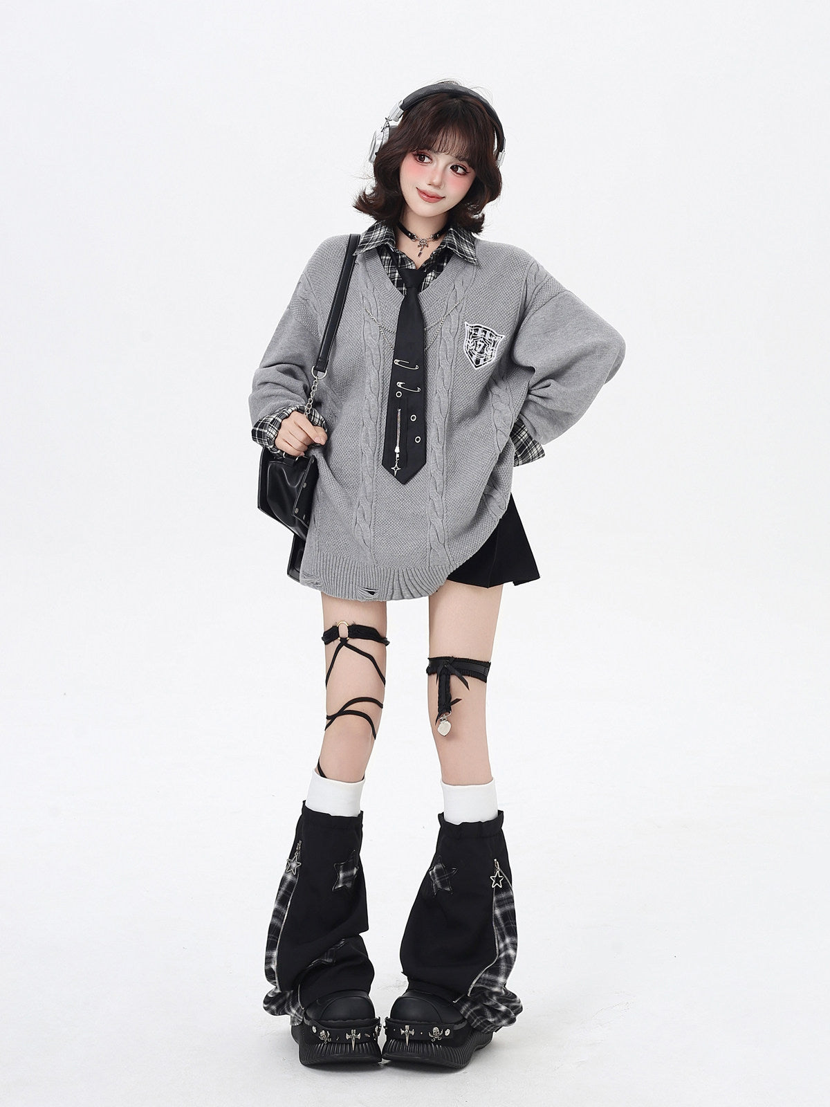 Art Student Vintage American Fake Two-Piece Plaid Oversized Casual Sweater – Fall Winter College