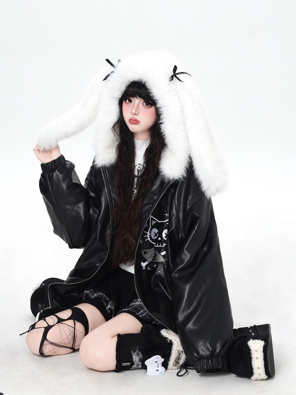 CrazyGirl Snow Girl Original Bunny Ear Hood Leather Jacket – Winter Versatile Cotton Lined Jacket