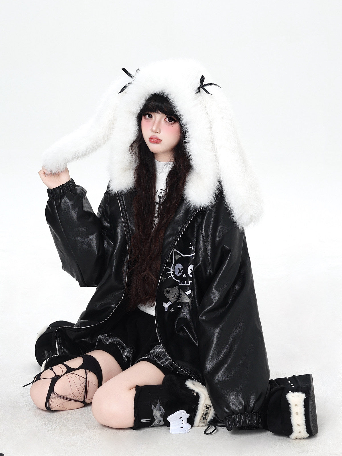 CrazyGirl Snow Girl Original Bunny Ear Hood Leather Jacket – Winter Versatile Cotton Lined Jacket