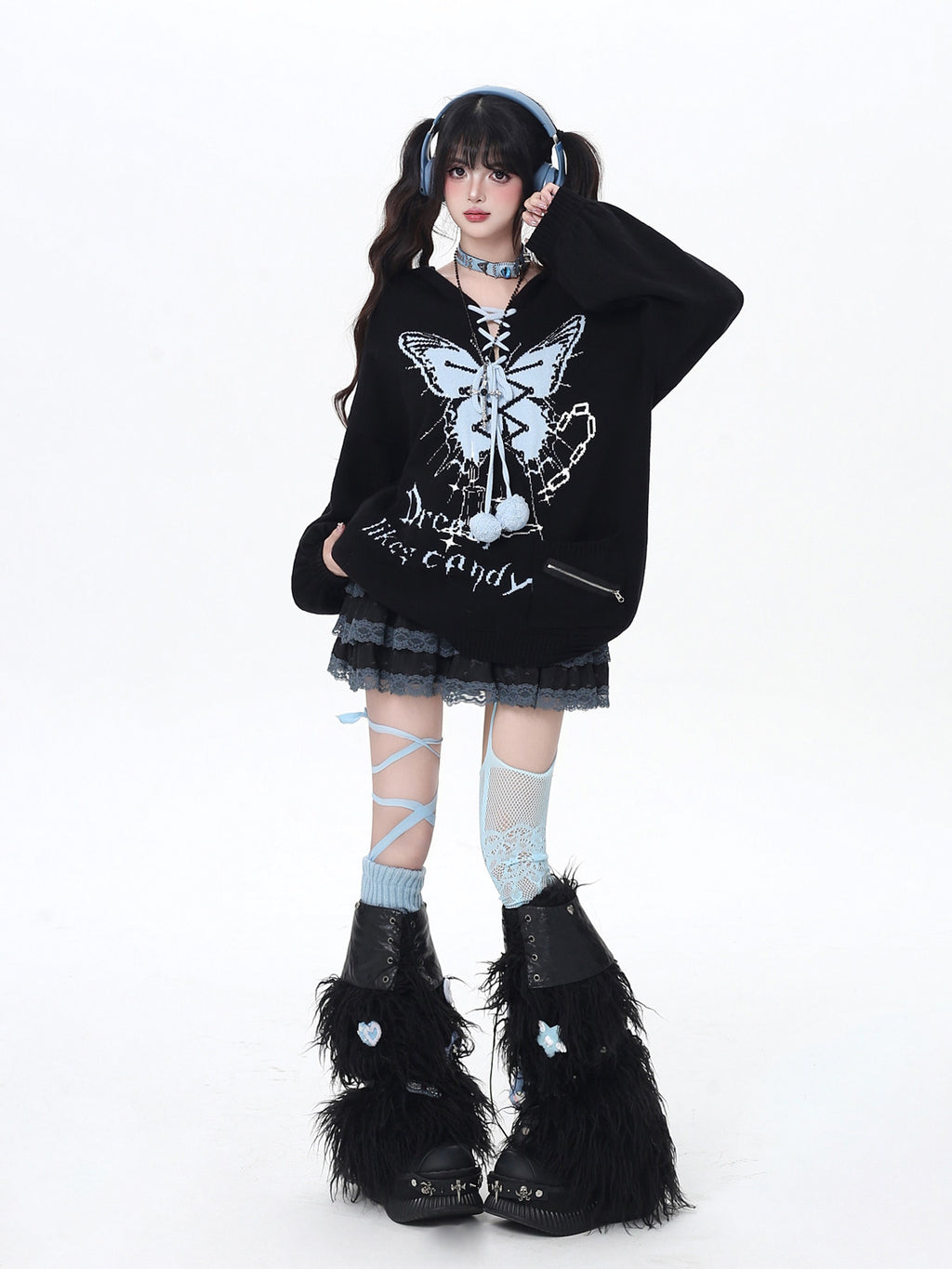 S03 _ Butterfly Embroidery V-Neck Hoodie Sweater – Lantern Sleeve Oversized Knit | pynkpig