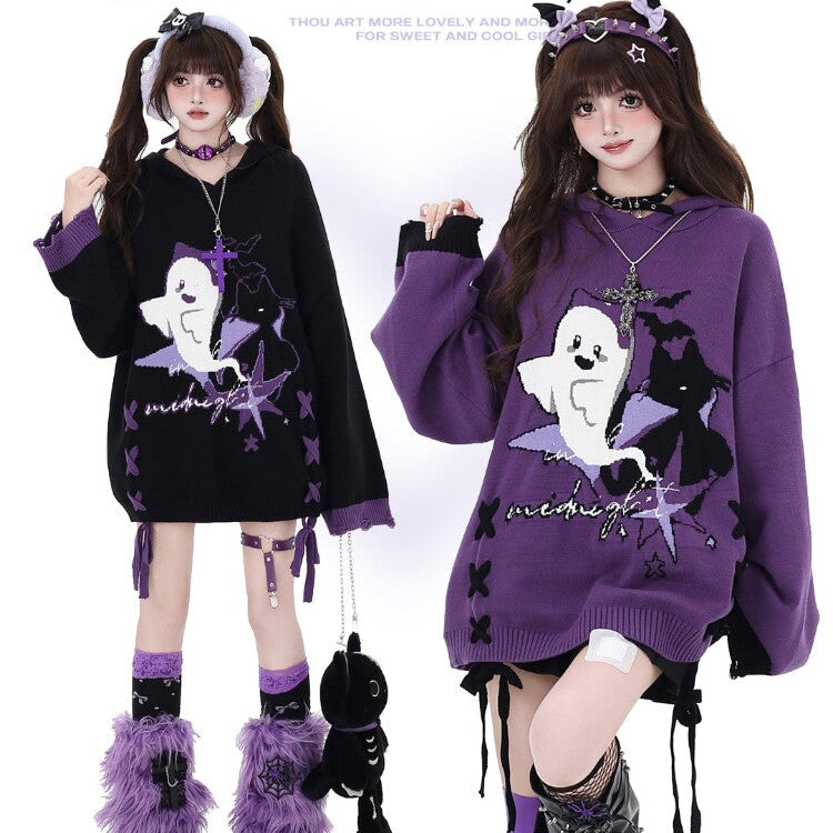 Halloween Little Ghost Original Black Purple Color Block Tie-Up Oversized Sweater Top – Winter Women