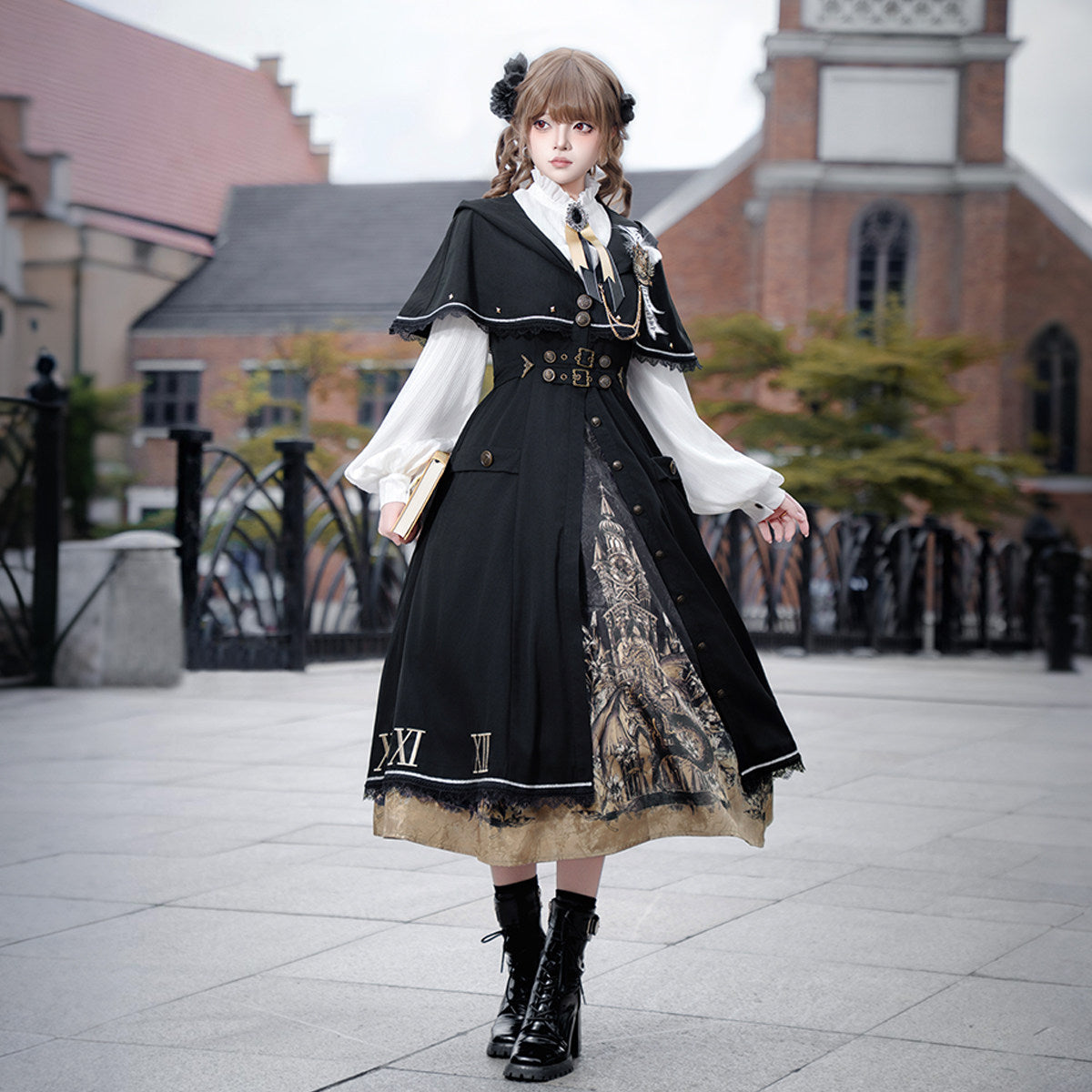 Time Dragon Lolita Set- Dark Academic Cape Coat Vintage Clock Print Dress- Black Gold S-XL