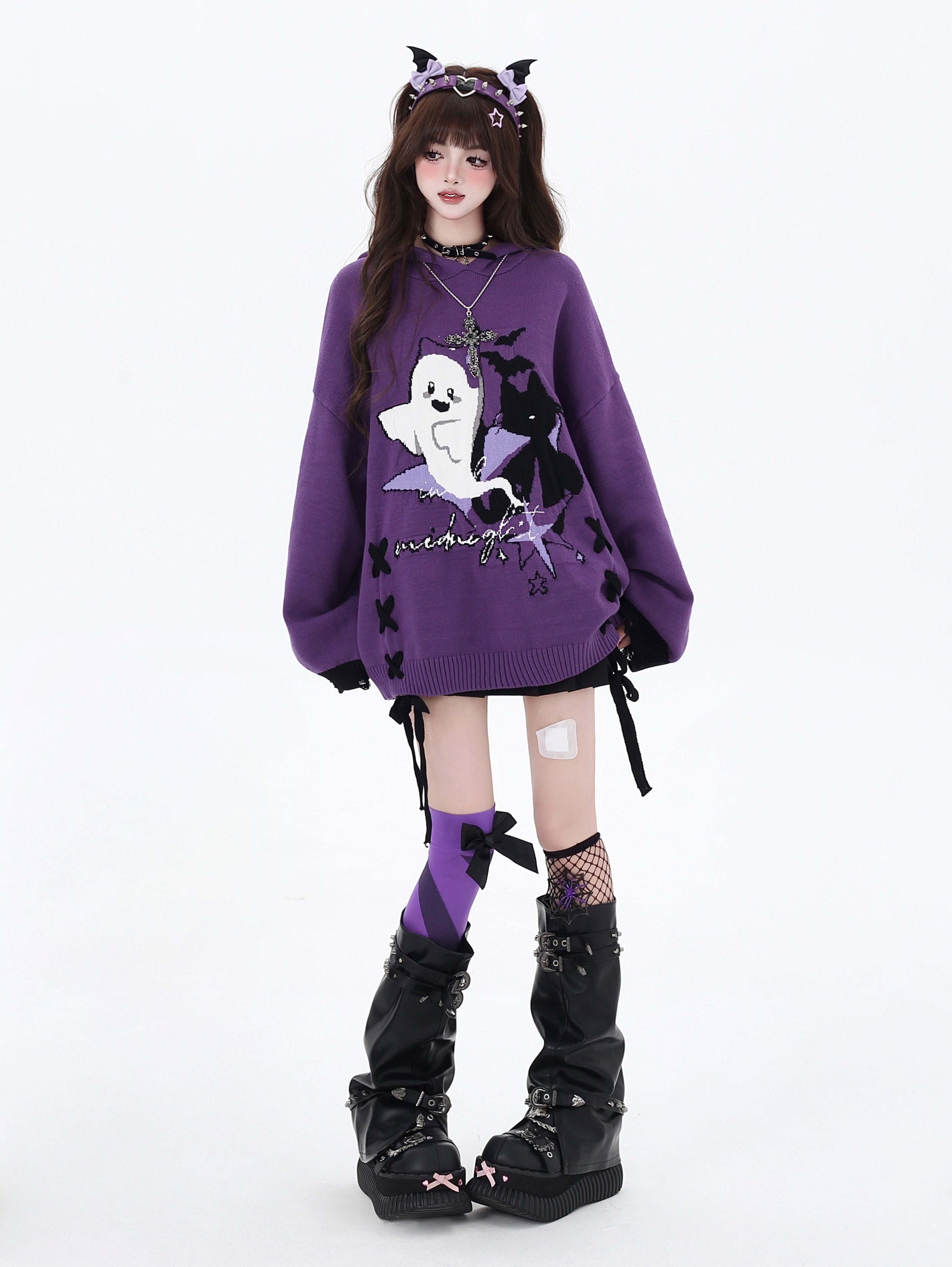 Halloween Little Ghost Original Black Purple Color Block Tie-Up Oversized Sweater Top – Winter Women