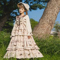 Elegant Lolita Dress Set - Floral Tiered Midi Dress & Coat - Autumn Cream