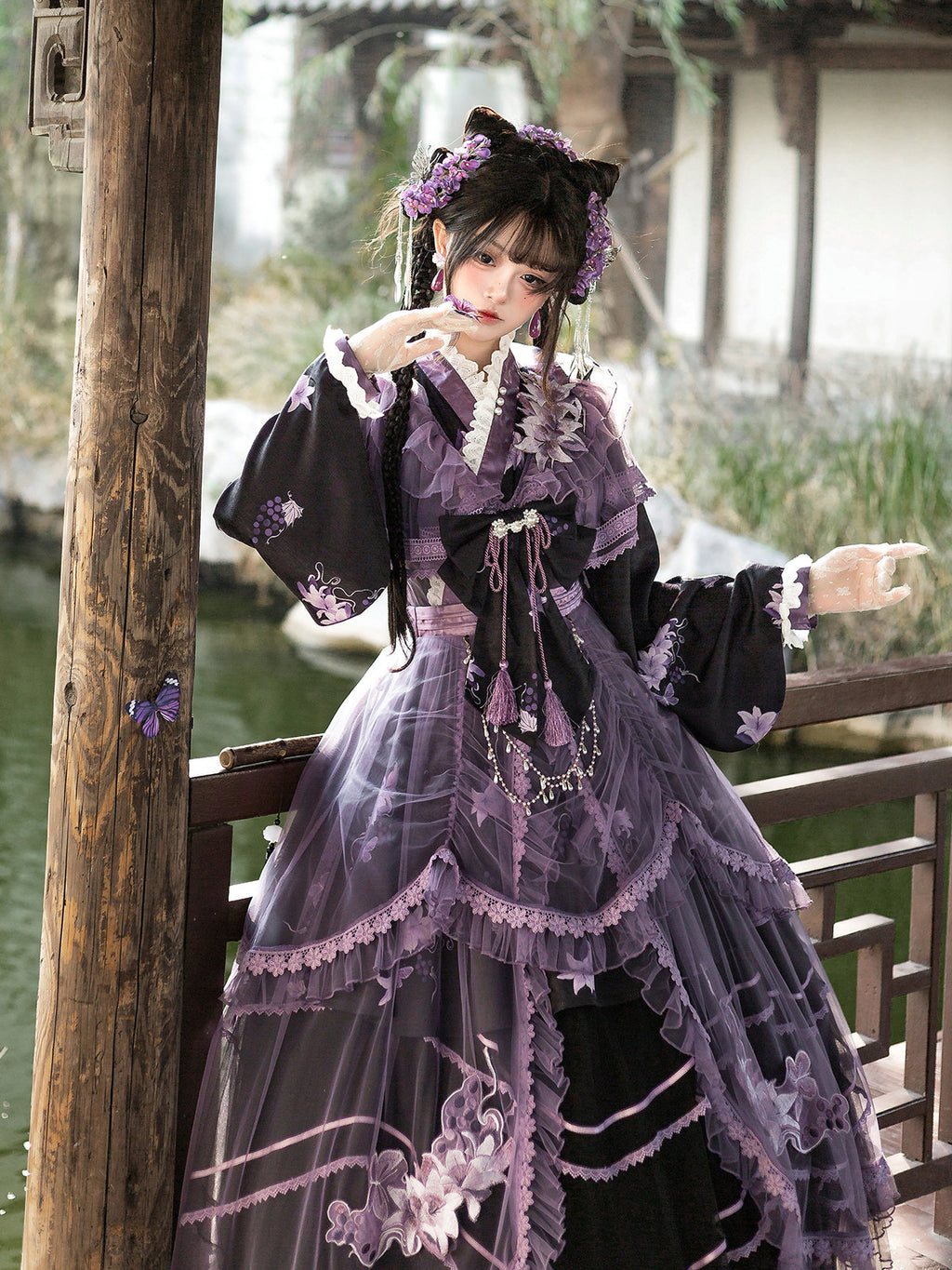 Purple Lily Chinese Lolita Set- Gauze Hanfu Jacket Cross Collar Dress Skirt - S-XL