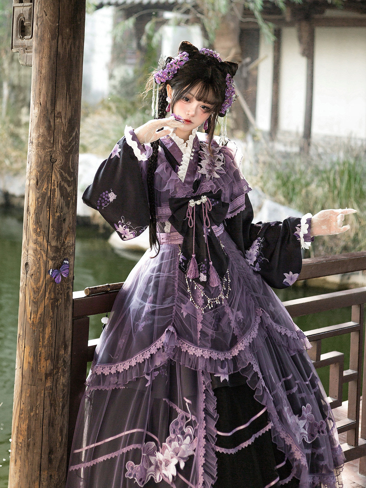 Purple Lily Chinese Lolita Set- Gauze Hanfu Jacket Cross Collar Dress Skirt - S-XL