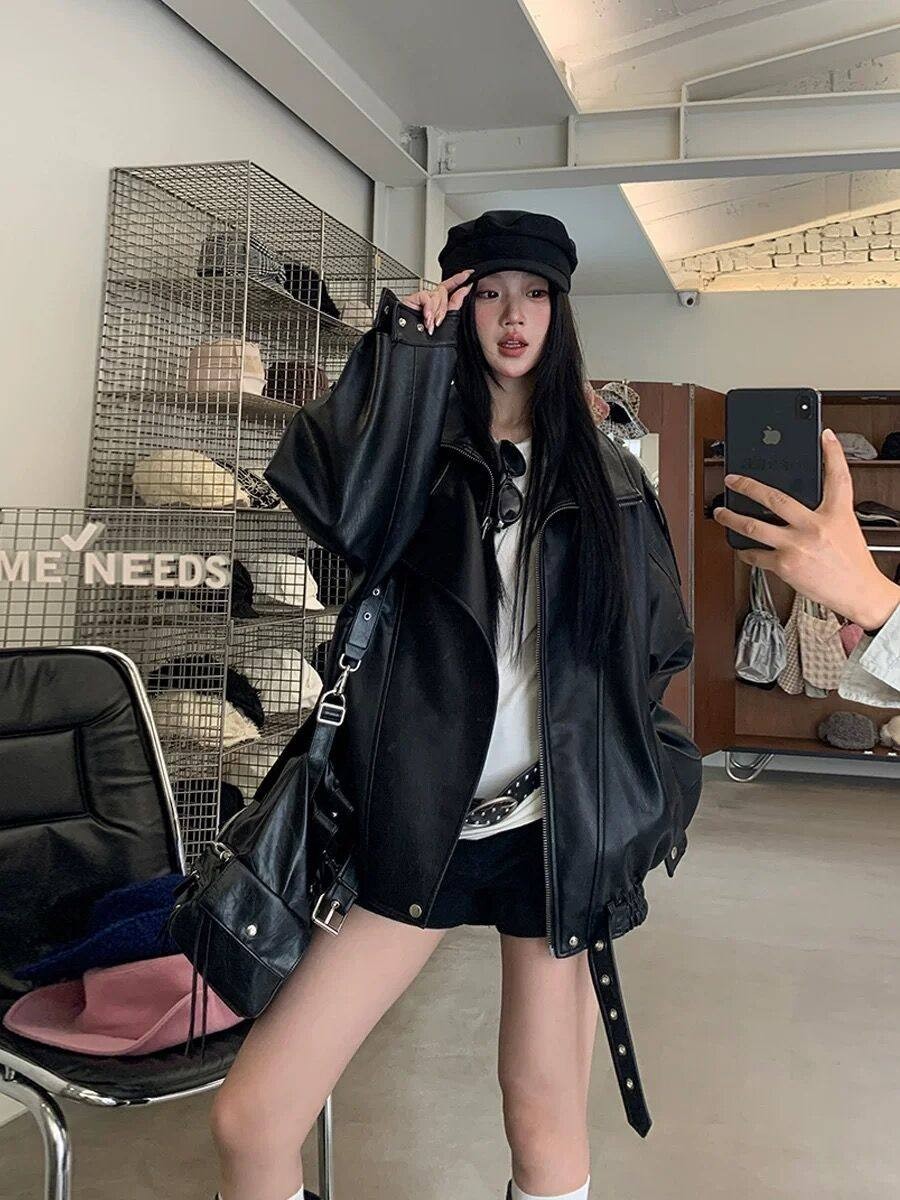 Black PU Leather Moto Jacket- Cool Streetwear Biker Coat Spring Autumn- S-L