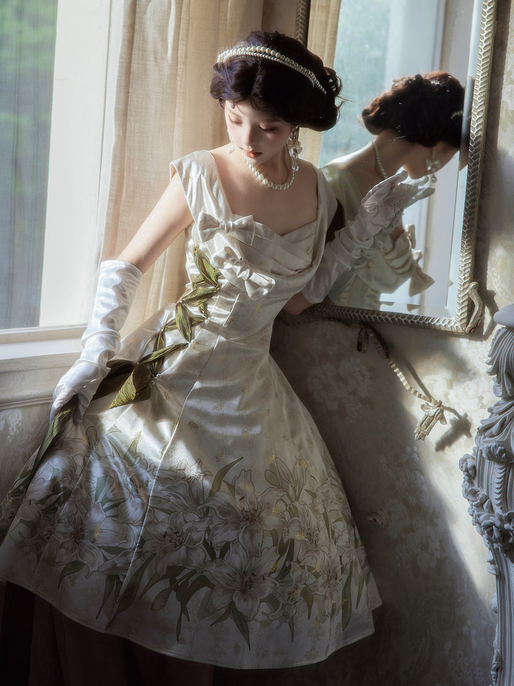 Vacation of Lily Classic Lolita Satin JSK Dress- Ivory Lily Print Elegant- S-2XL