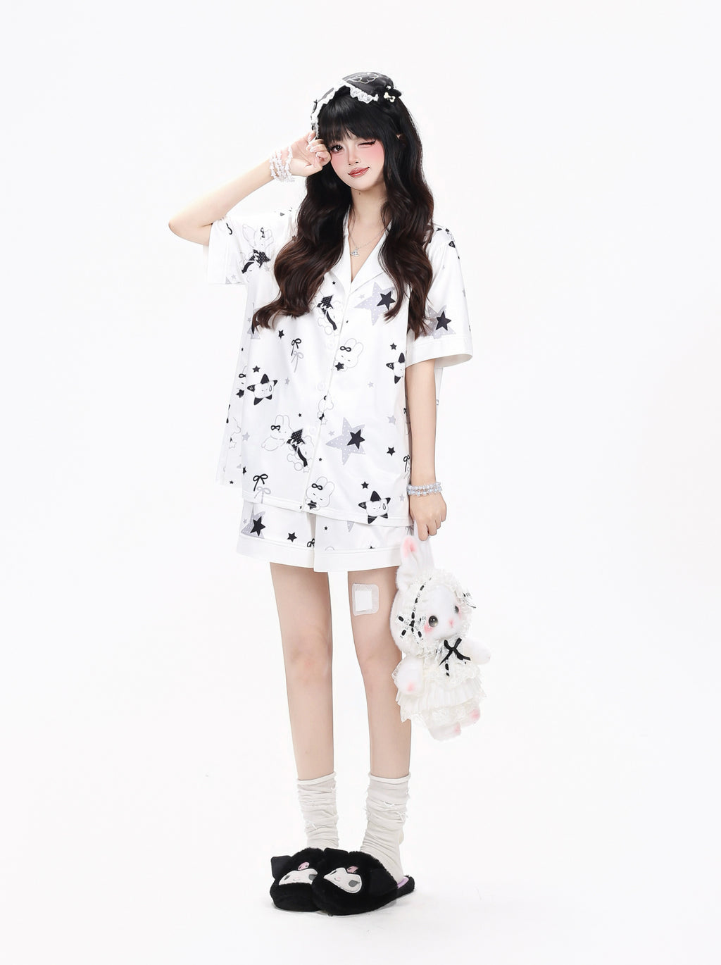 Black & White Little Rabbit Short Sleeve Original Skin-Friendly Girly Lounge Pajama Set – Summer Women