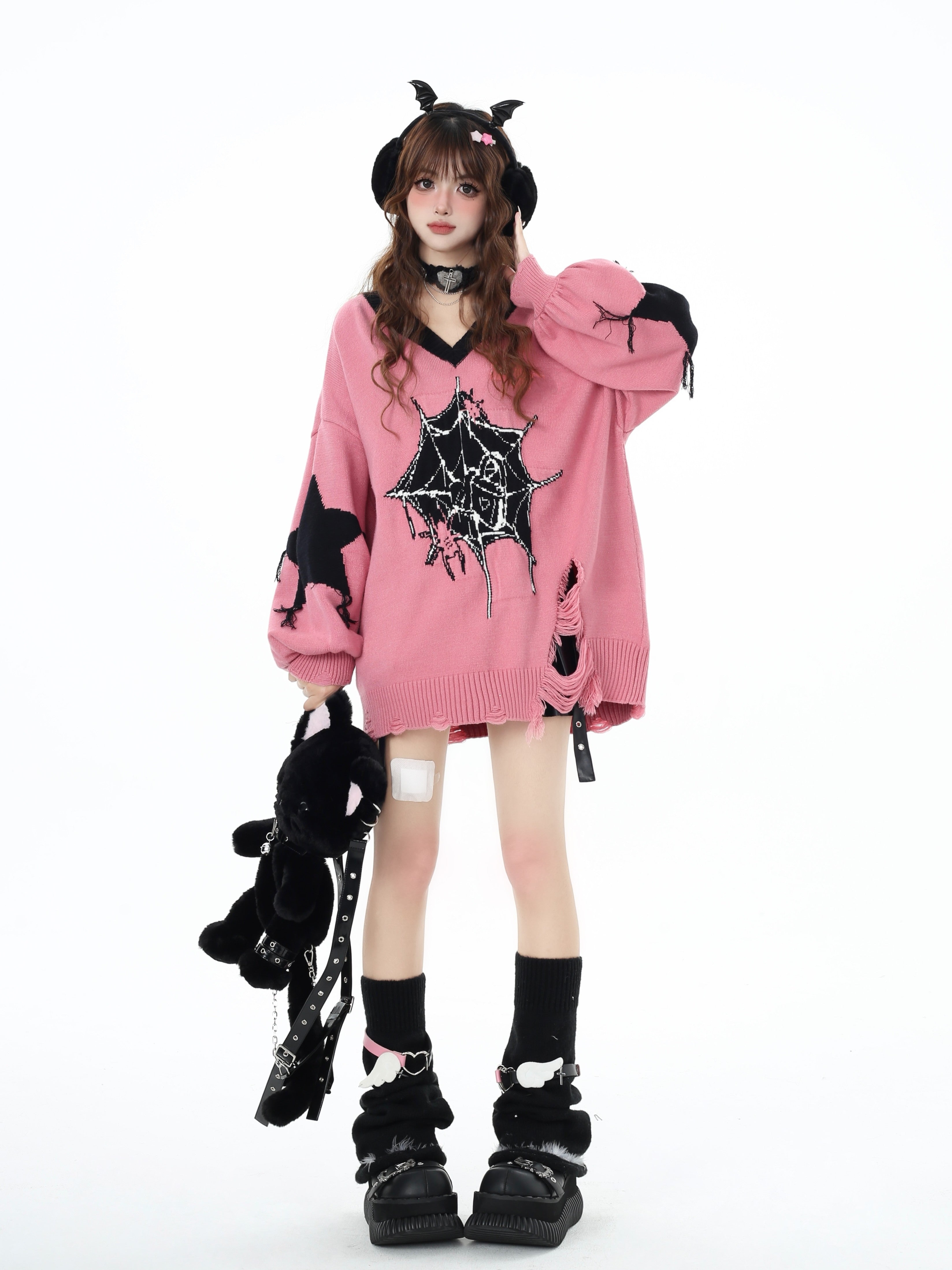 Pure Love Cycle Original Dark Sweet Cool Star V-Neck Loose Knit Pullover Sweater – Fall Winter