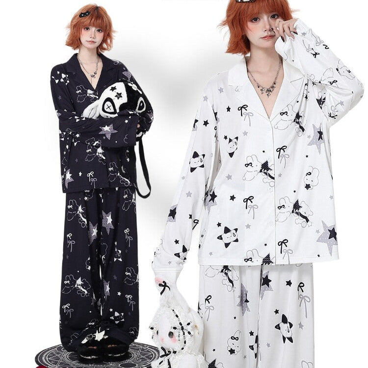 Original Black & White Rabbit Style Skin-Friendly Cozy Pajama Long Sleeve Loungewear Set – Spring Summer Girls