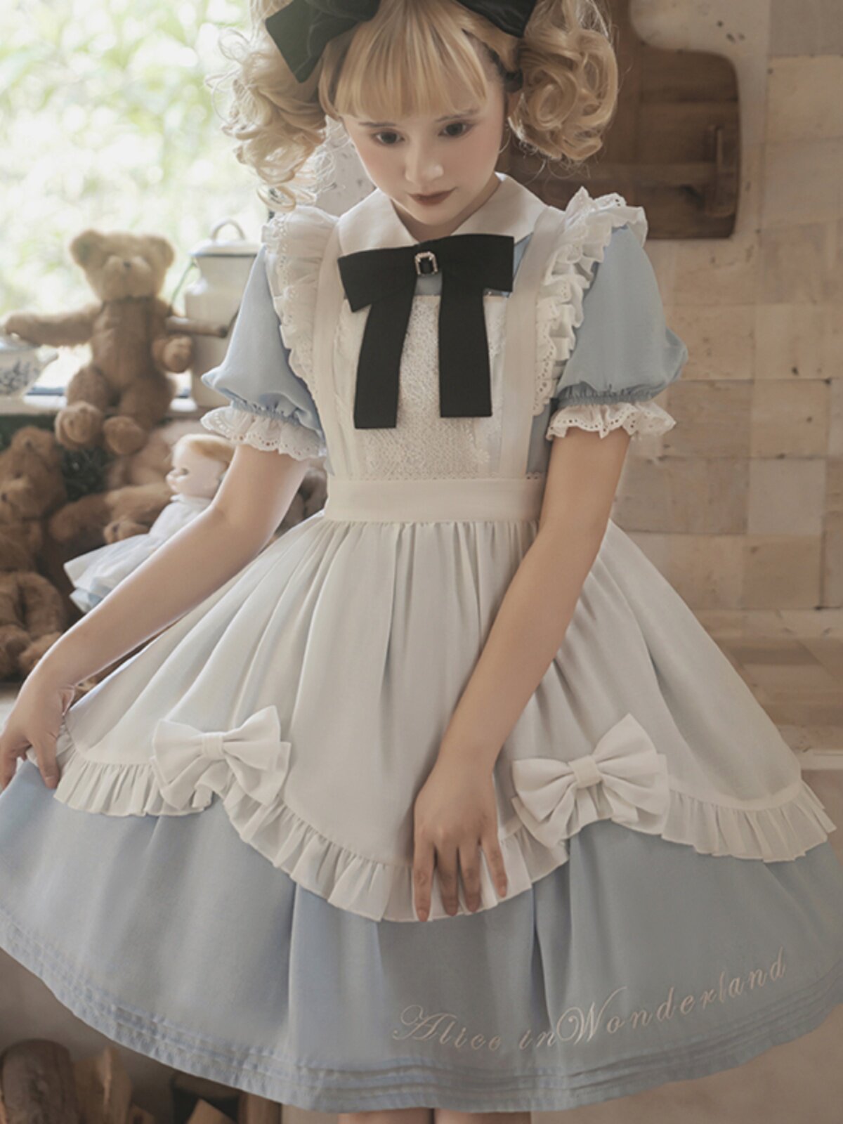 Alice in Wonderland Sweet Lolita OP Dress - Blue Short Sleeve with Apron- S-XXL