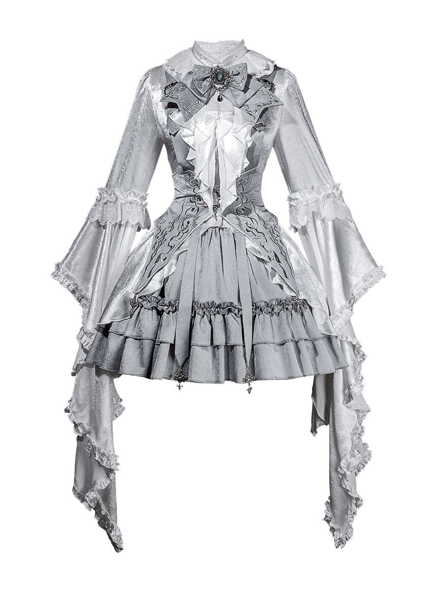 Silver Key Gothic Lolita Set - White Shirt Waist Belt Skirt - S-2XL