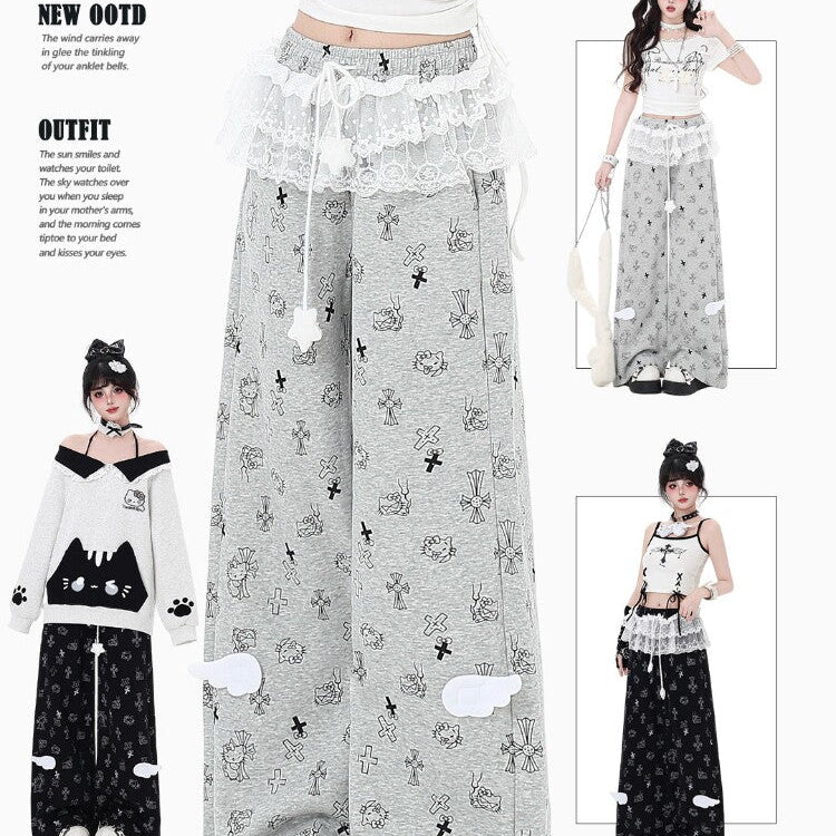 Katie Print Sweet Cool Lace Trim Feminine Casual Oversized Lounge Pants – Women's Sweatpants