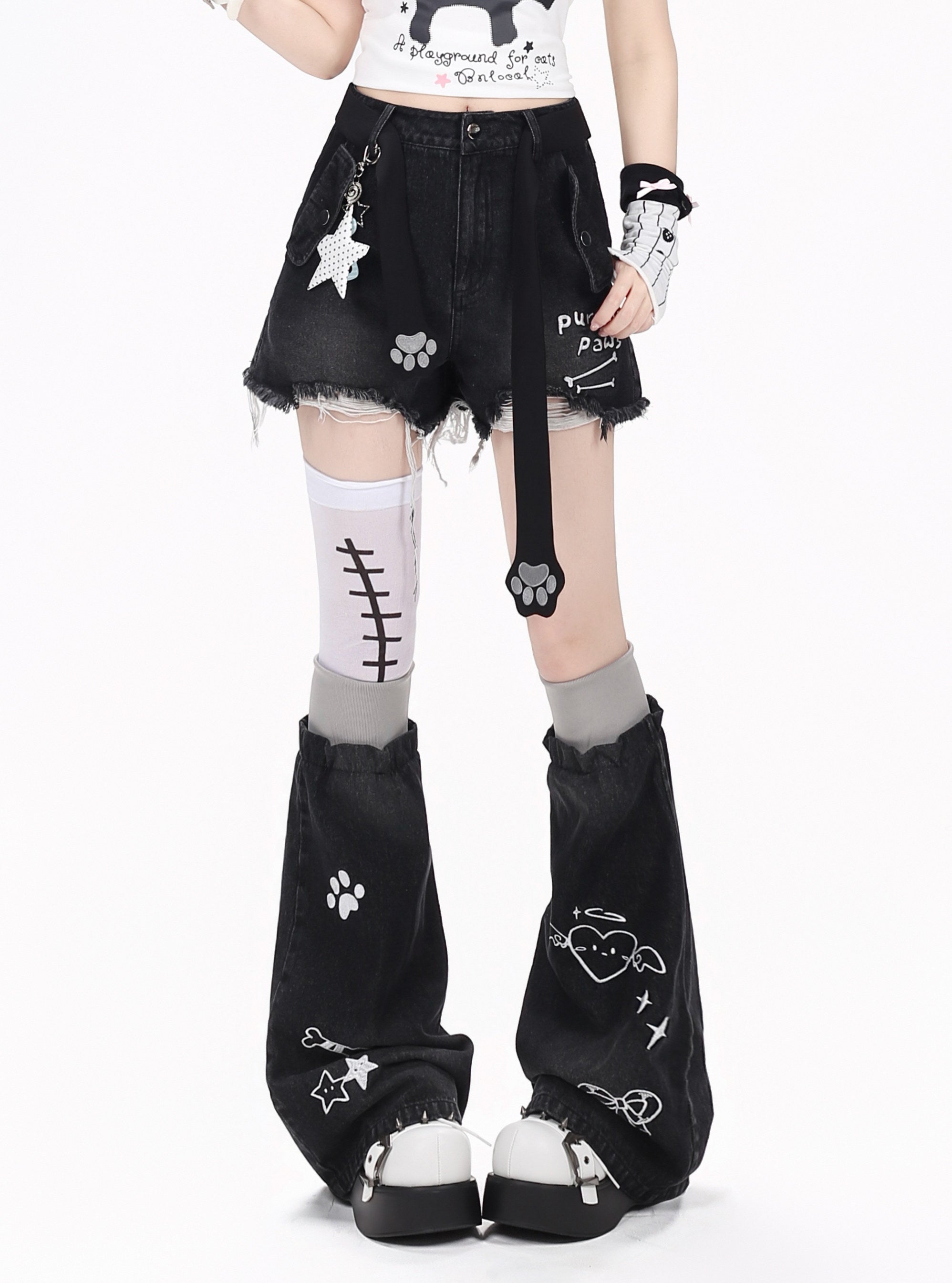 First Generation Kitten 2.0 Original Süße Mädchen Design High-Waist Jeansshorts – Sommer
