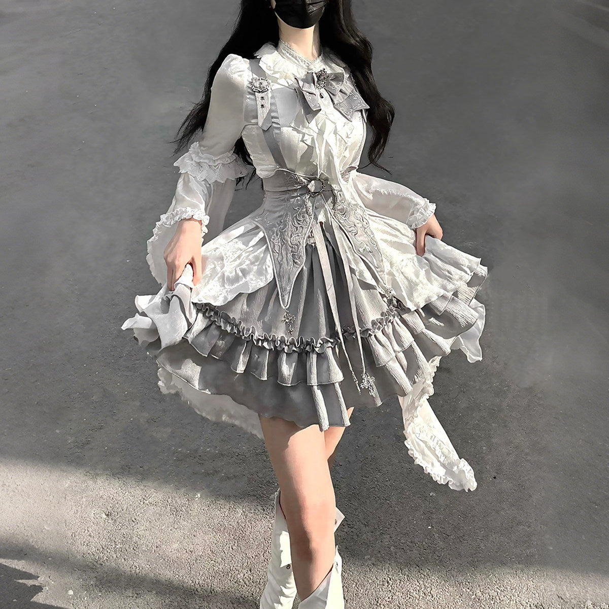 Silver Key Gothic Lolita Set - White Shirt Waist Belt Skirt - S-2XL
