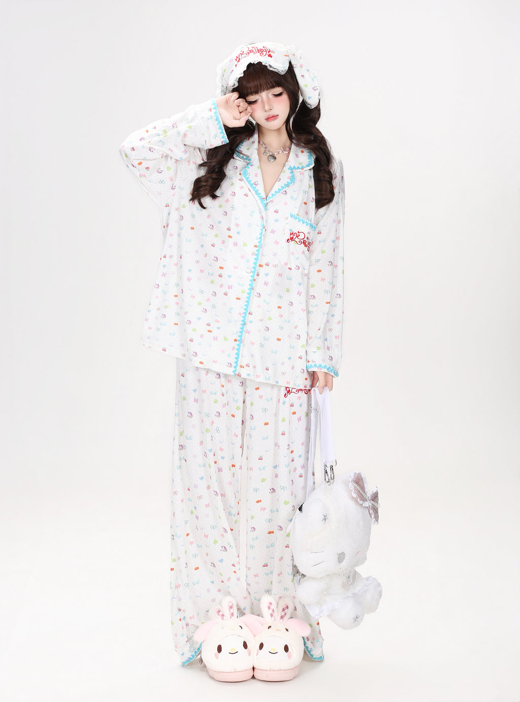 CrazyGirl Sweet Dreamy Colorful Bunny Print Soft Oversized Lounge Pajama Set – Spring & Fall Long Sleeve