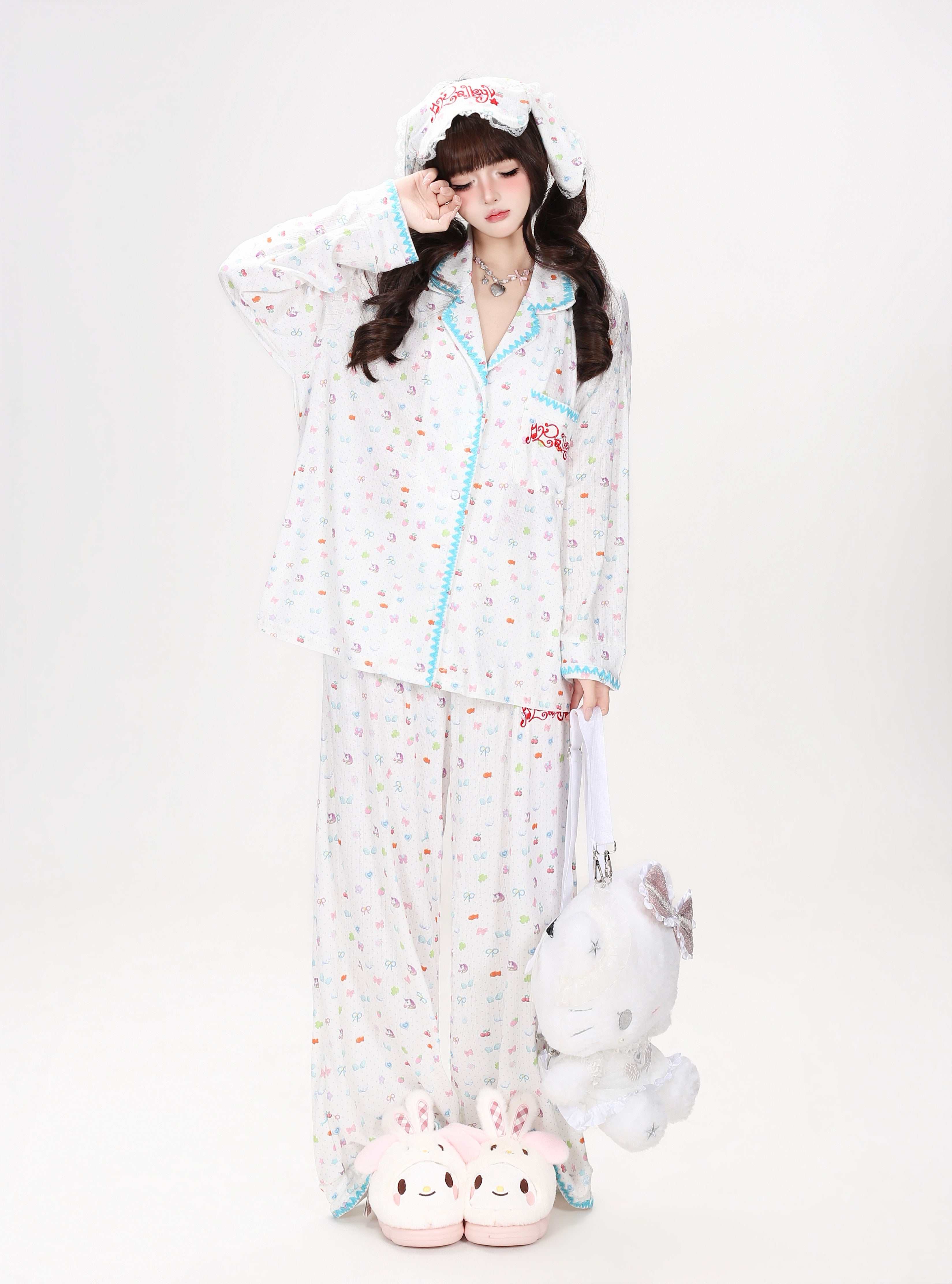 CrazyGirl Sweet Dreamy Colorful Bunny Print Soft Oversized Lounge Pajama Set – Spring & Fall Long Sleeve