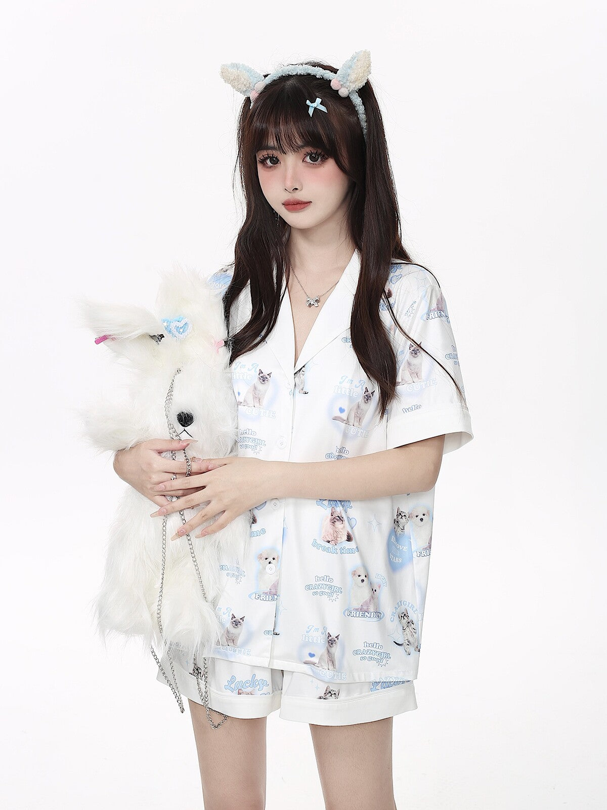CRAZYGIRL Goodnight Kitten Original Spring Summer Skin-Friendly Pajama Set & Nightdress – Women's Home Lounge Set