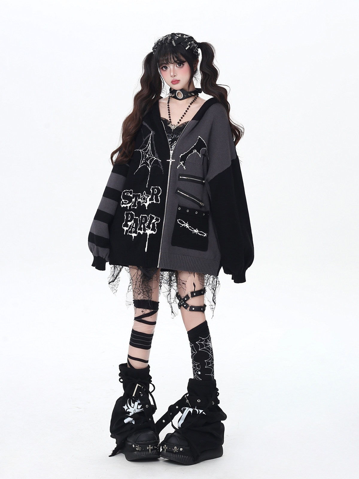 Night Worker Original Gothic Color Block Oversized Knit Cardigan Sweater