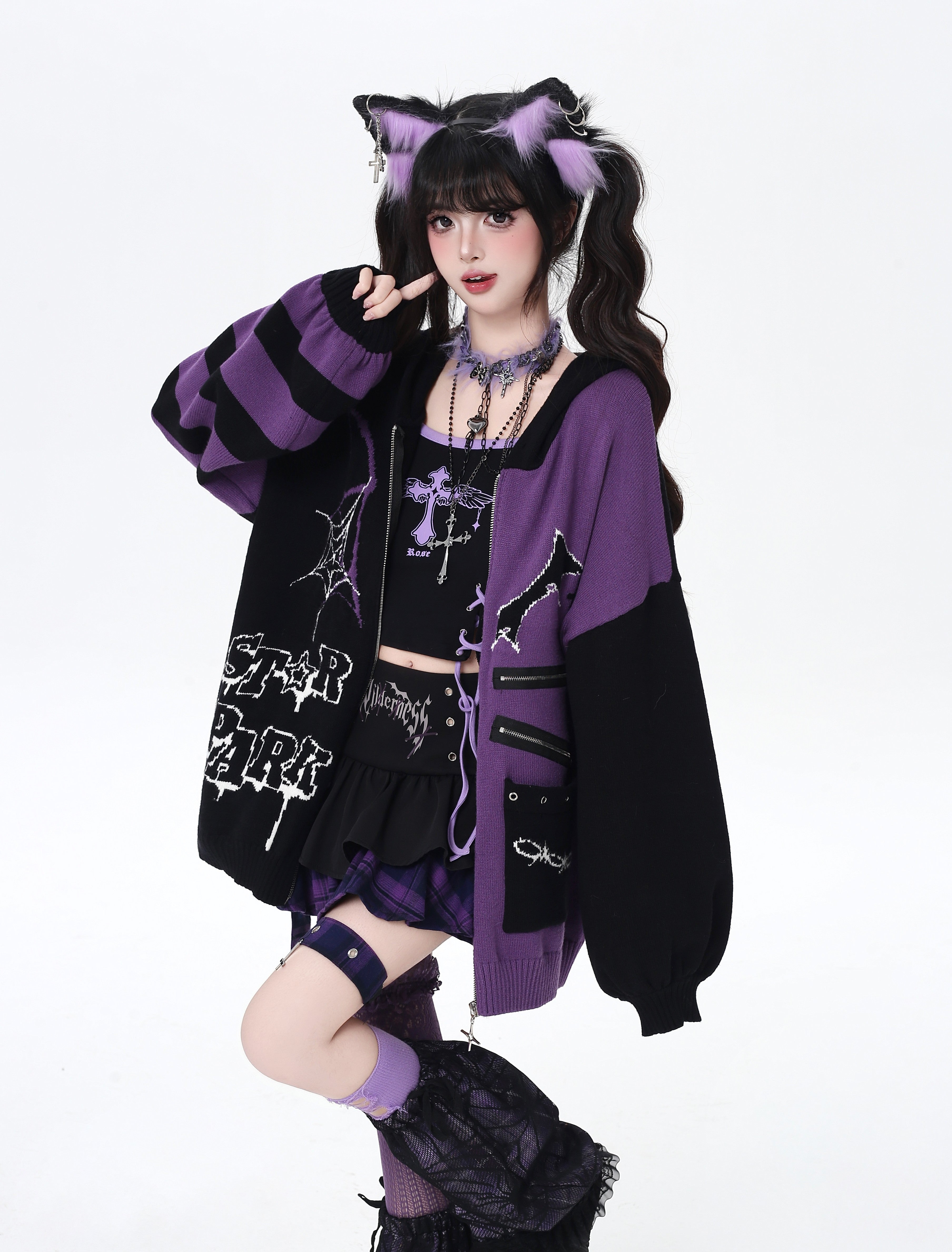 Night Worker Original Gothic Color Block Oversized Knit Cardigan Sweater