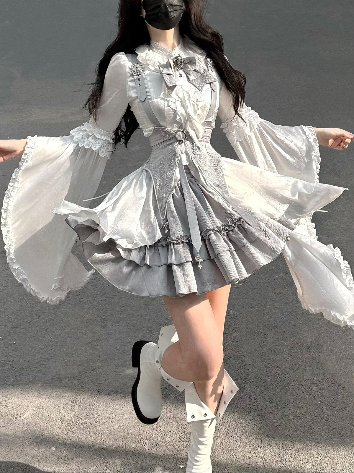 Silver Key Gothic Lolita Set - White Shirt Waist Belt Skirt - S-2XL