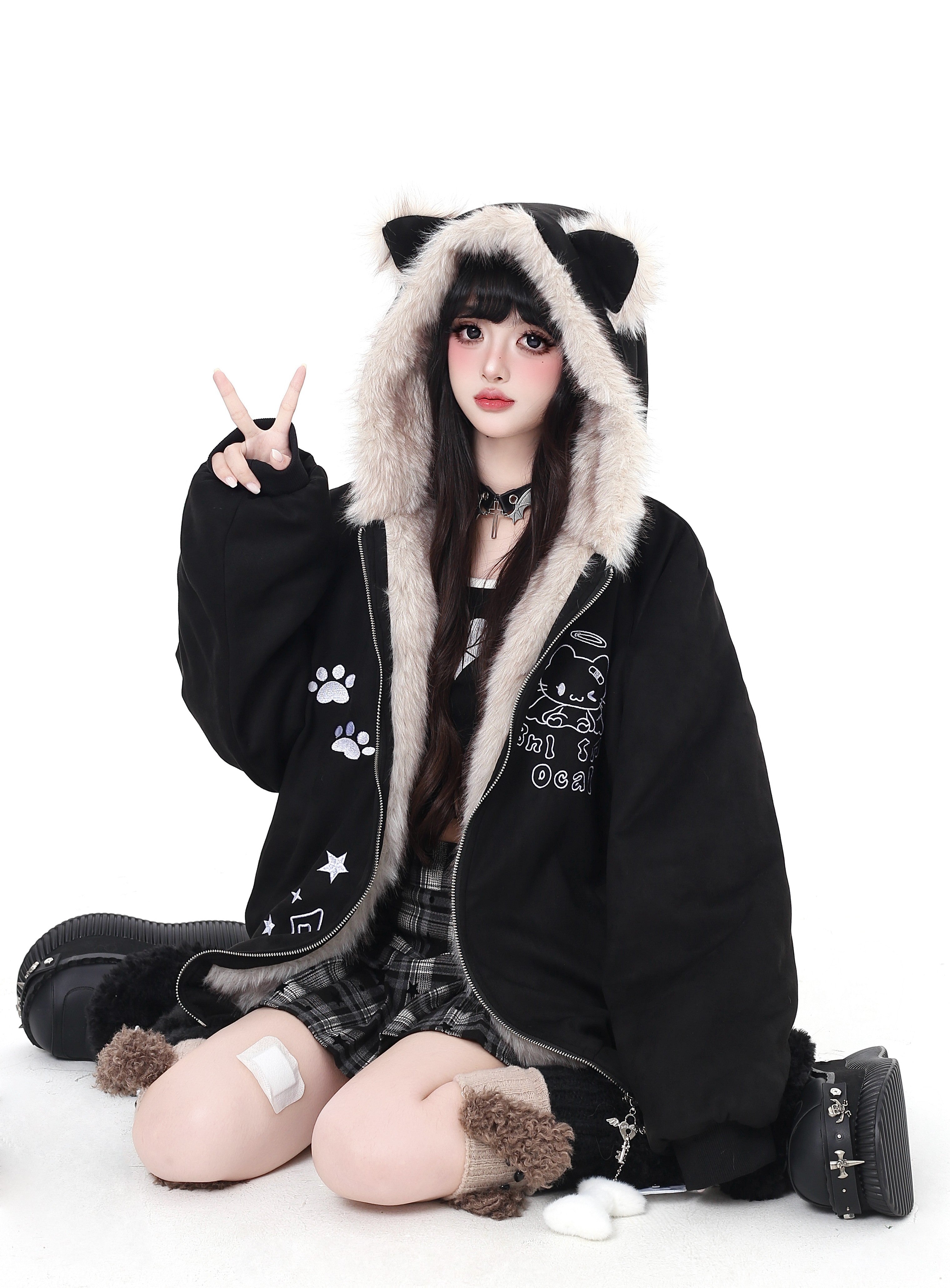 Erste Generation Süßer Gott Otaku Design Wildleder Plüsch Katzenohr Kapuzen Winterjacke aus Baumwolle