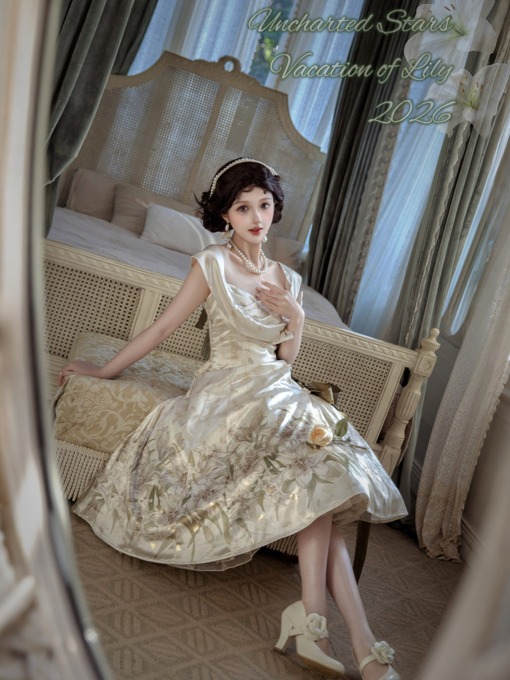 Vacation of Lily Classic Lolita Satin JSK Dress- Ivory Lily Print Elegant- S-2XL