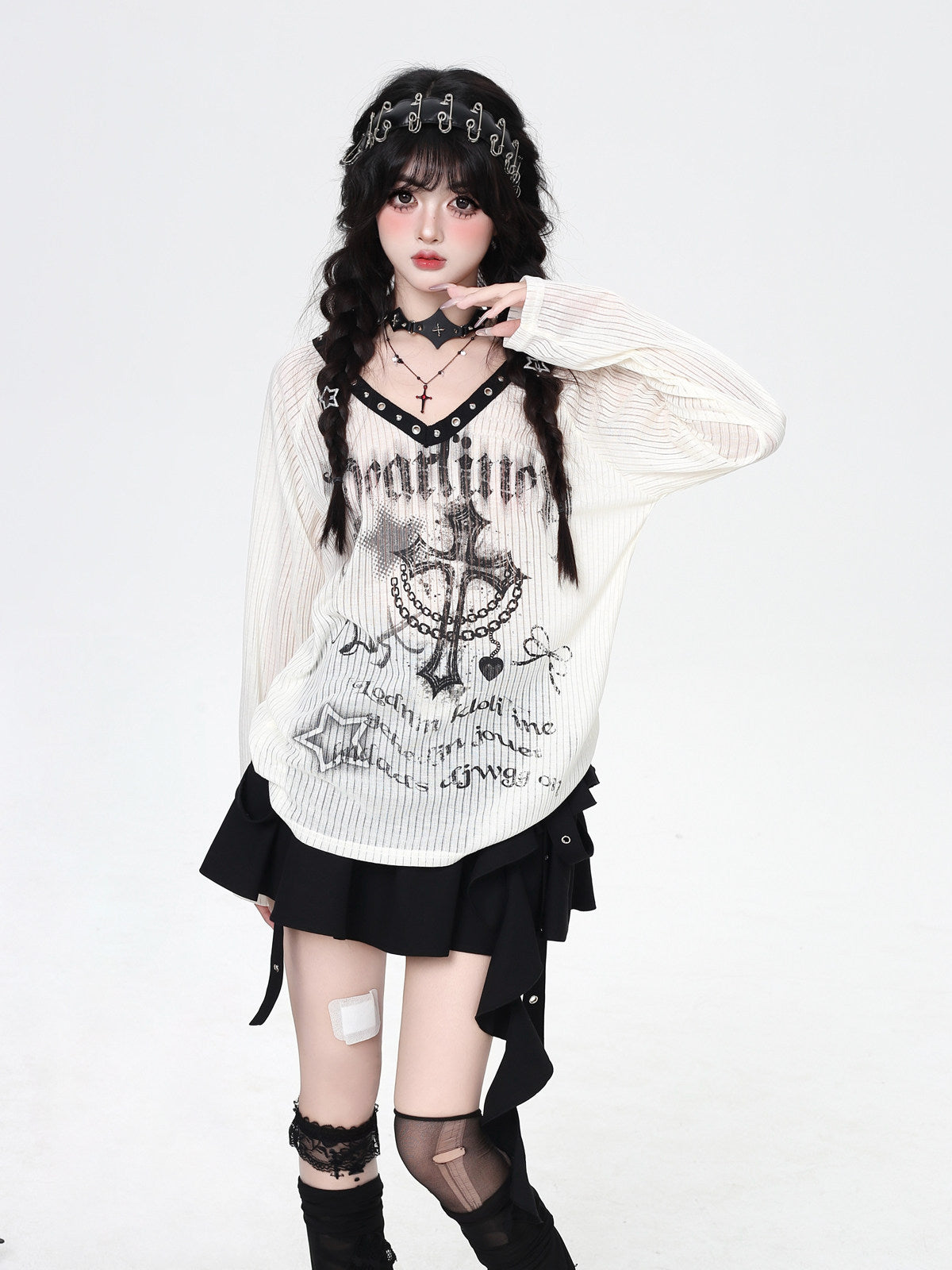 Camiseta top de manga larga transparente y oversize con diseño de nicho con cuello en V de la subcultura Shibuya Angel – Primavera-Otoño