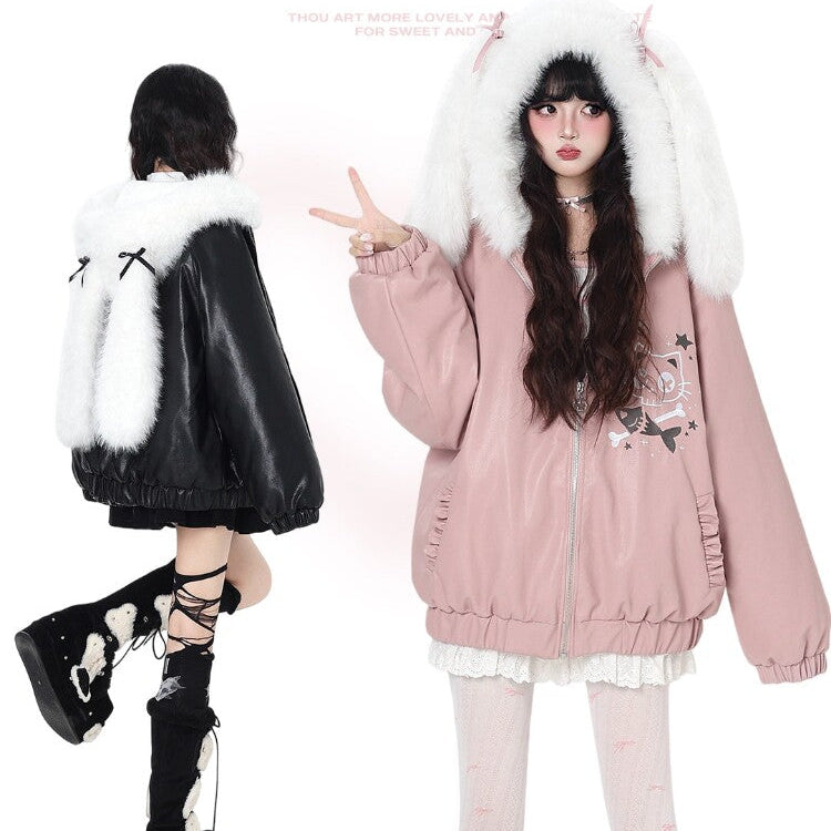 CrazyGirl Snow Girl Original Bunny Ear Hood Leather Jacket – Winter Versatile Cotton Lined Jacket