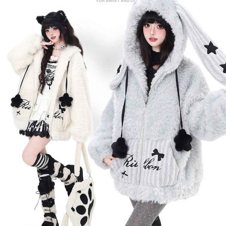 Lucky Star Original Bunny Ear Hood Oversized Thick Sherpa Jacket – Women's Warm Winter Coat