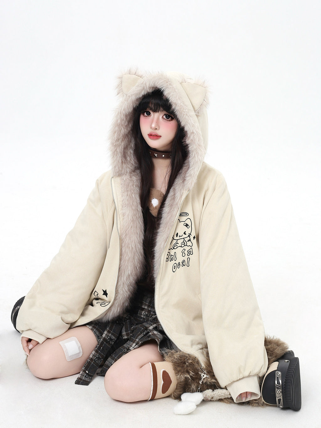 First Generation Cute God Otaku Design Suede Plush Cat Ear Hooded Cotton Winter Jacket