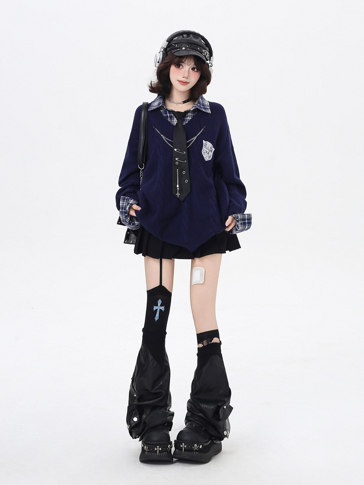 Art Student Vintage American Fake Two-Piece Plaid Oversized Casual Sweater – Fall Winter College