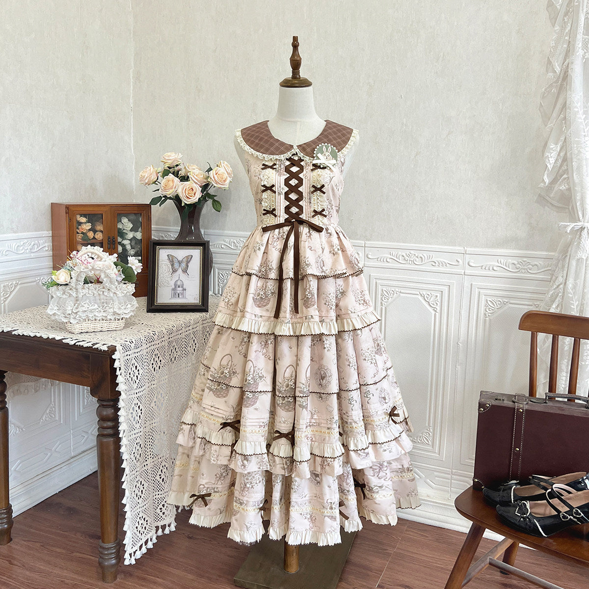 Elegant Lolita Dress Set - Floral Tiered Midi Dress & Coat - Autumn Cream