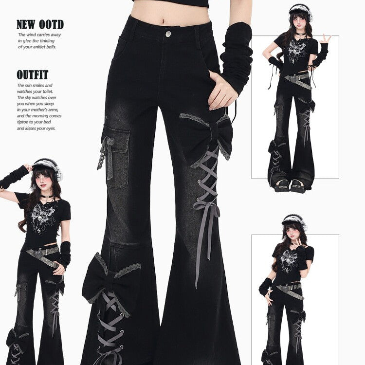 Original 3D Ribbon Y2K High Waist Slim Flare Jeans – Sexy Girl Subculture Design