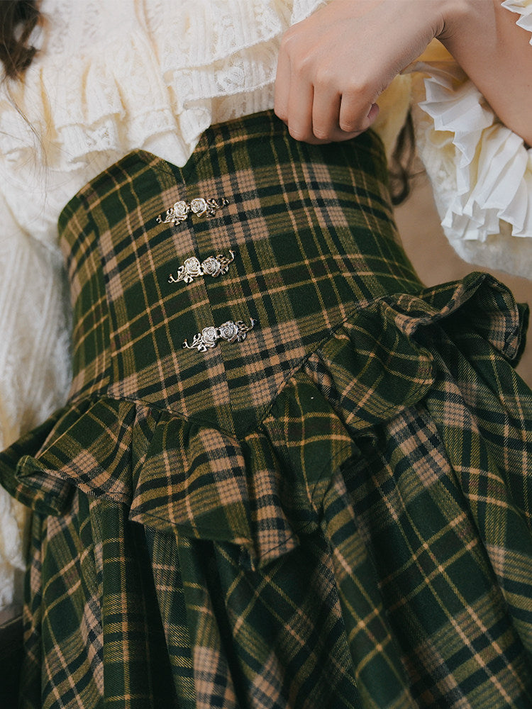 MiAi Original Moon Shadow Ode Victorian Dark Green Plaid Lolita Skirt | Rose Clasp Ruffle Long | S-L
