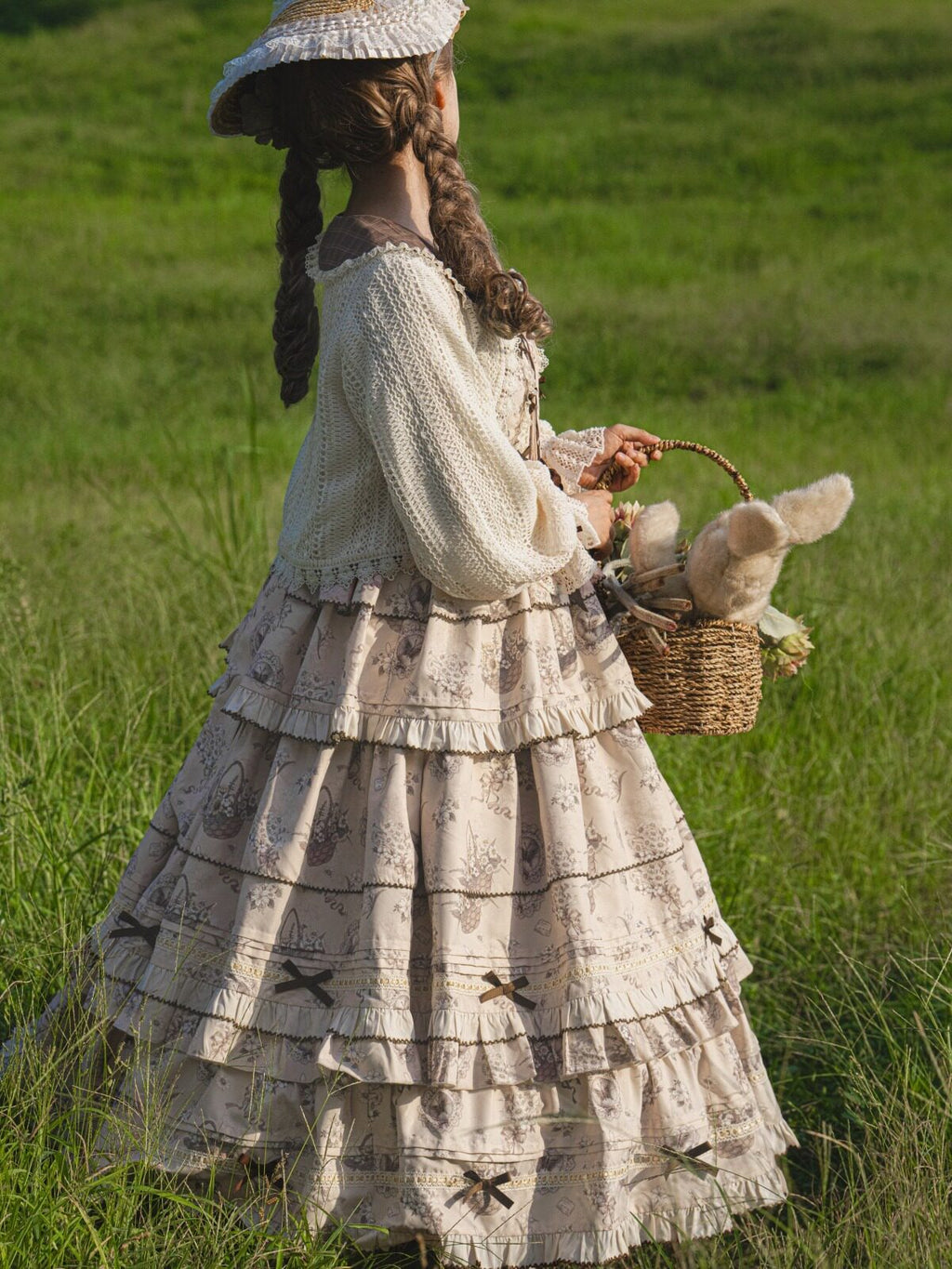 Elegant Lolita Dress Set - Floral Tiered Midi Dress & Coat - Autumn Cream
