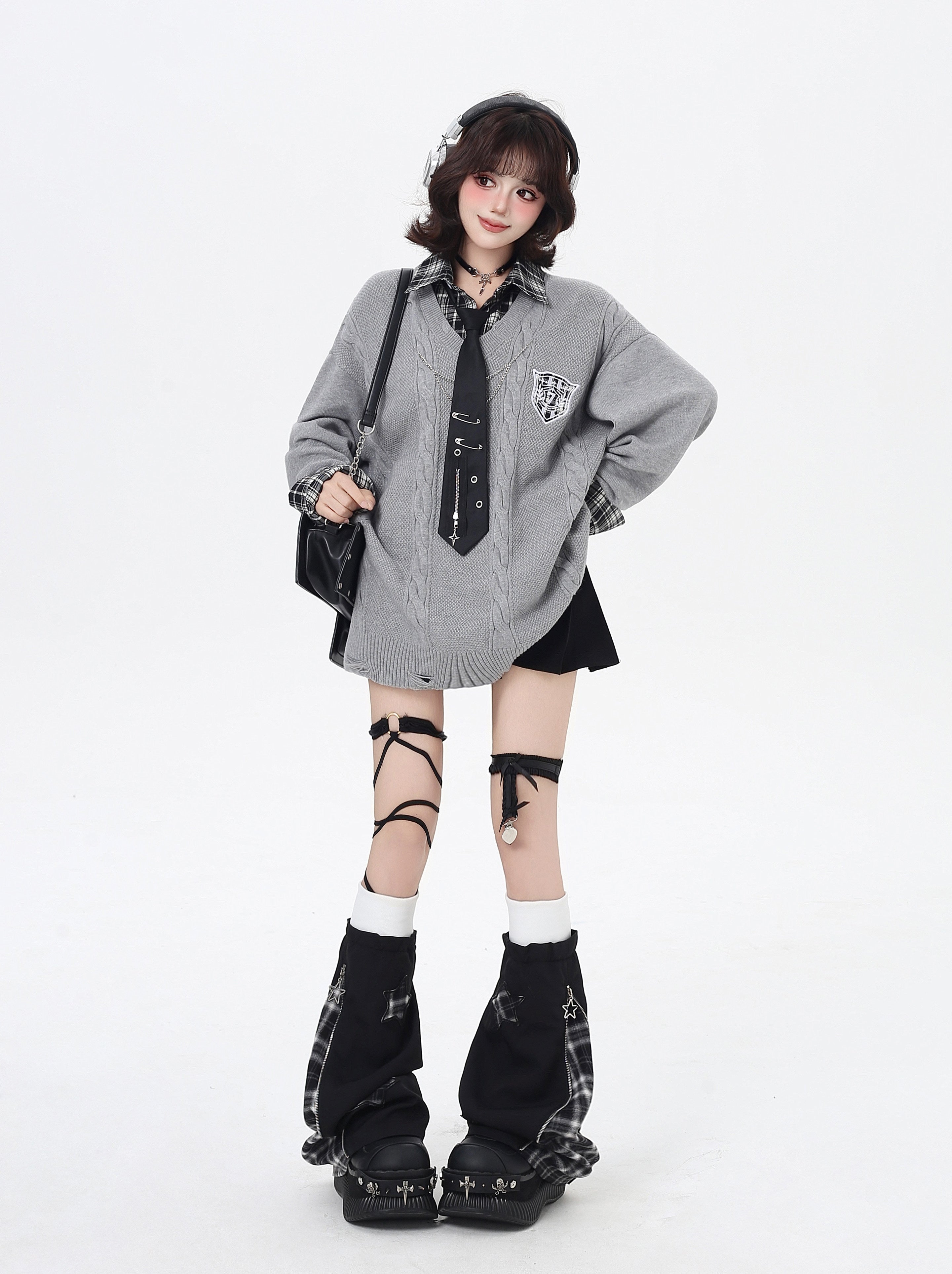 Art Student Vintage American Fake Two-Piece Plaid Oversized Casual Sweater – Fall Winter College