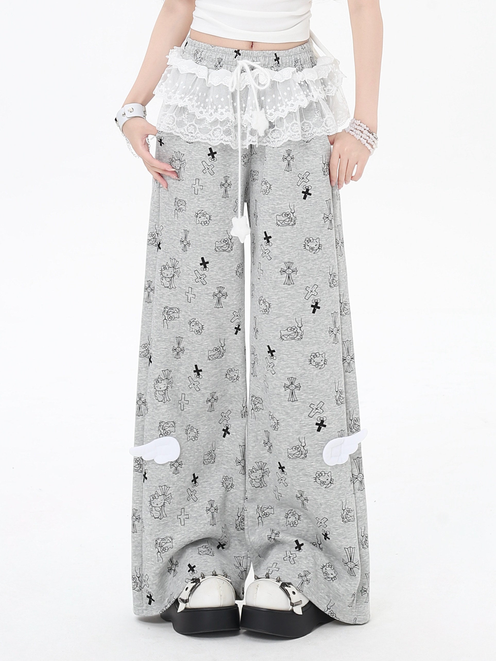 Katie Print Sweet Cool Lace Trim Feminine Casual Oversized Lounge Pants – Women's Sweatpants
