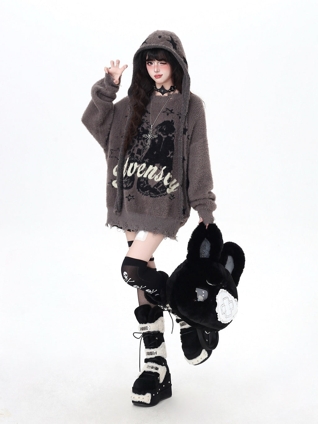 s02 _ Detachable Hat Faux Mink Sweater – Vintage Letter Oversized Pullover | pynkpig
