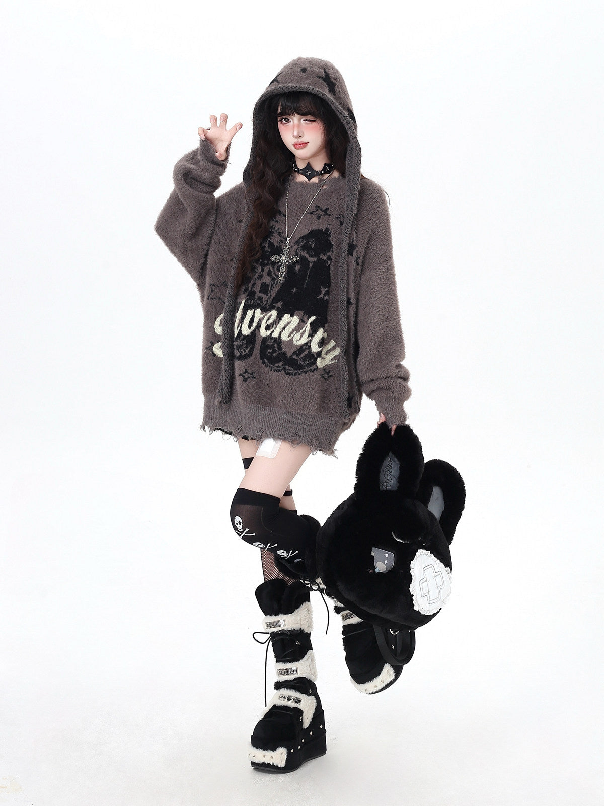 Crazy Girl Detachable Hat Faux Mink Fur Vintage Letter Oversized Casual Soft Sweater