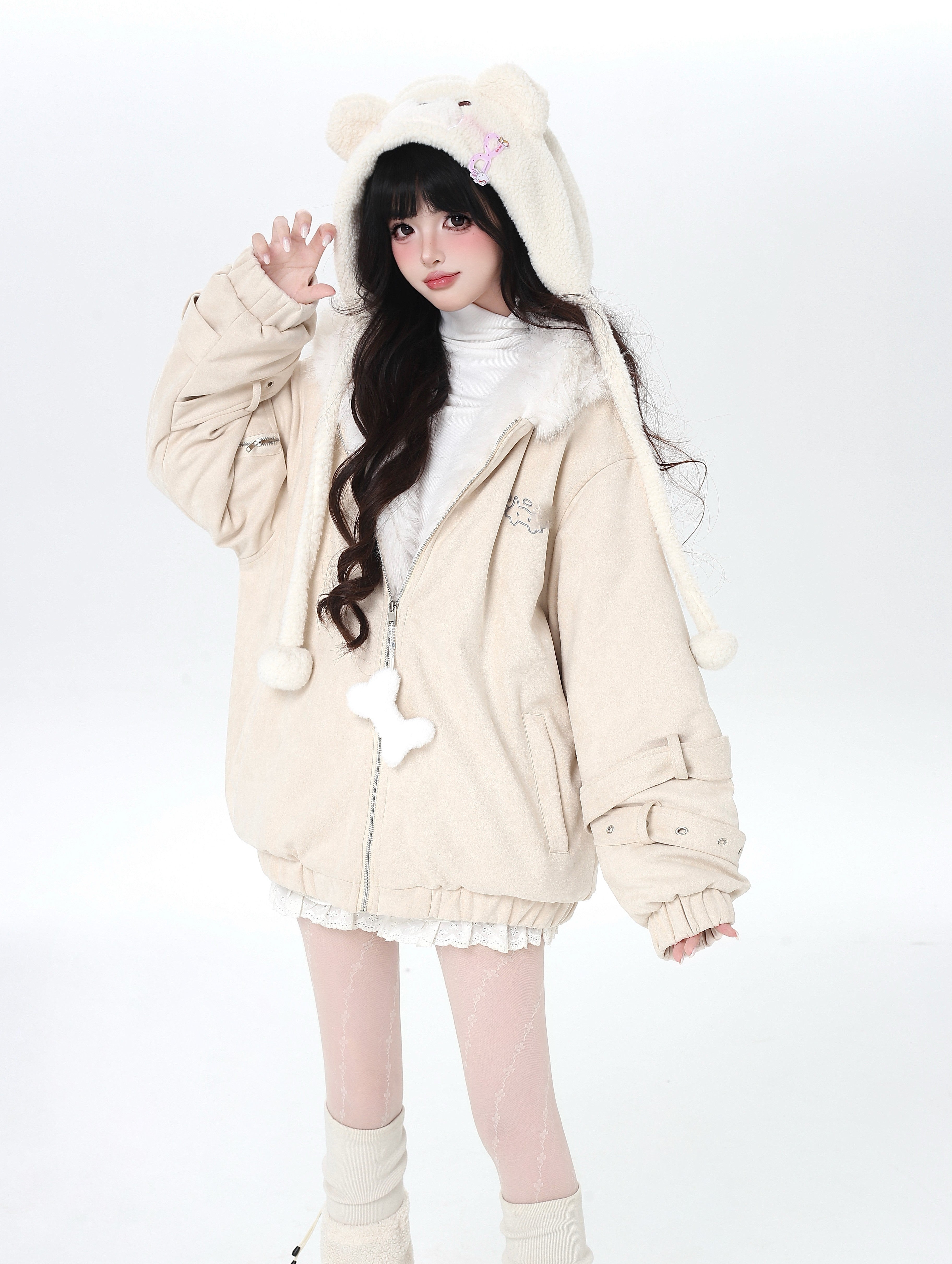 Angel Kitty Fluffy Cat Ear Oversized Quilted Cotton Jacket – Casual Warm Outerwear