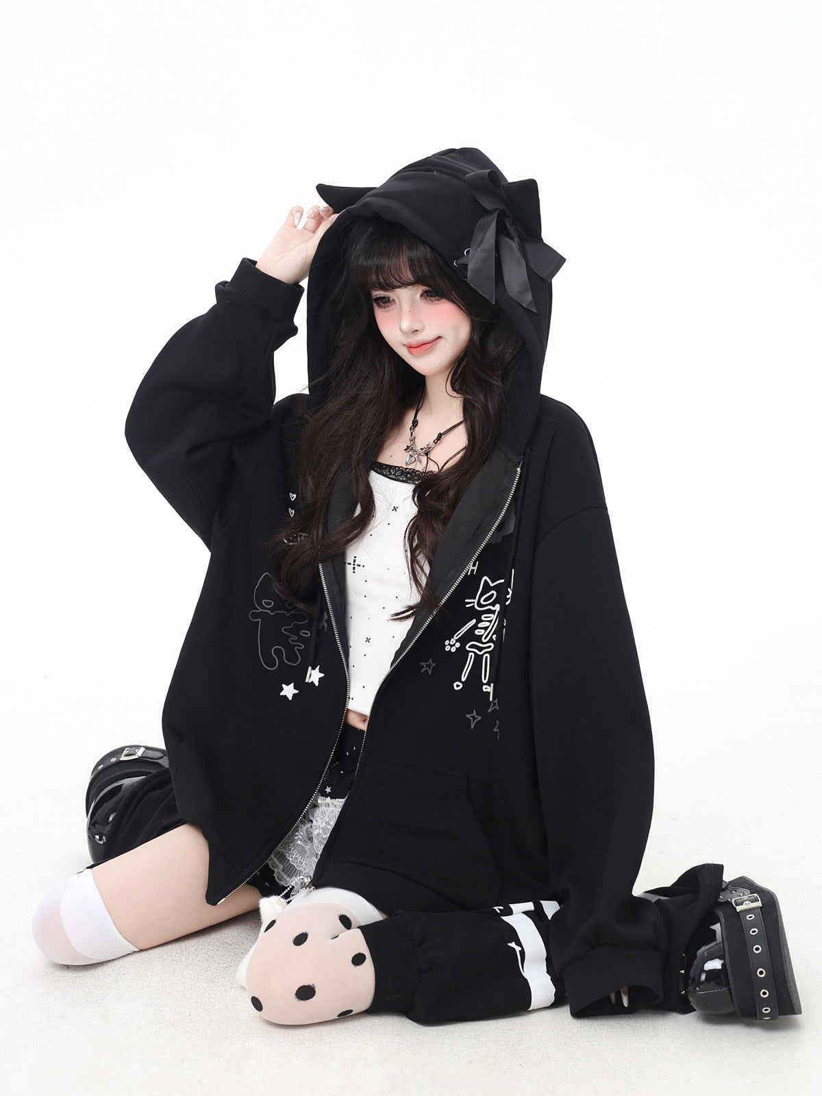 Crazy Girl Cute Cat Ear Drawstring Hoodie Zip Jacket – Oversized Fall Sweatshirt