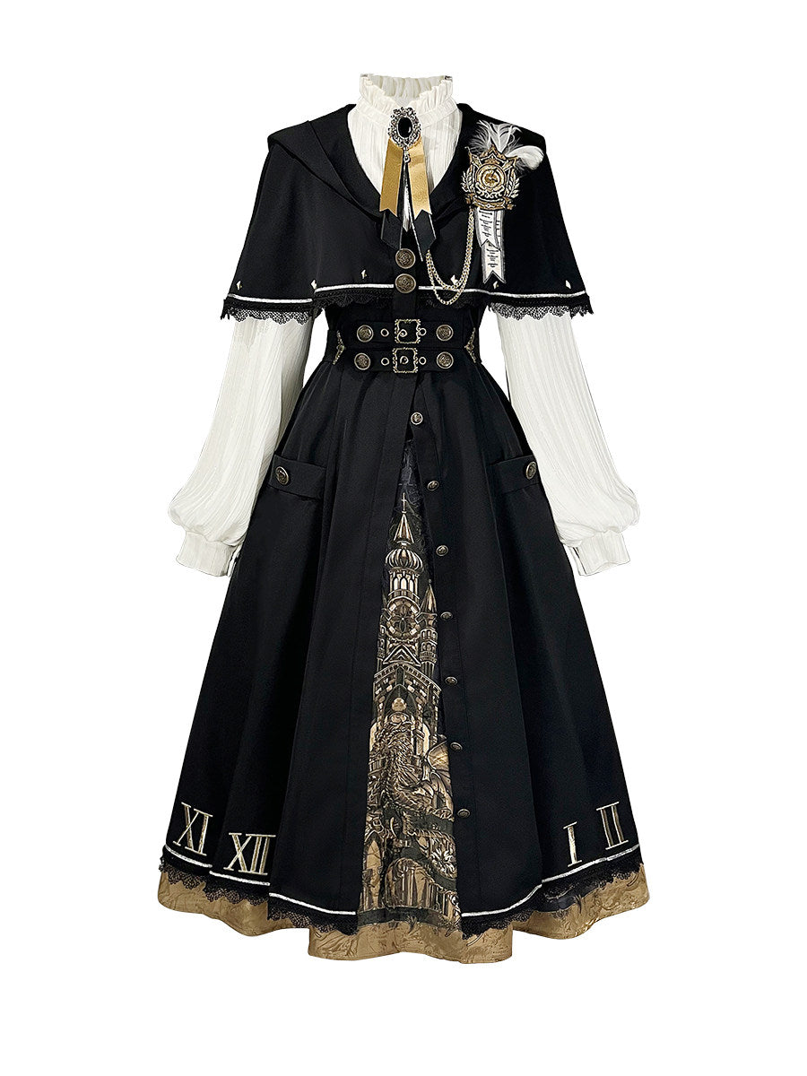 Time Dragon Lolita Set- Dark Academic Cape Coat Vintage Clock Print Dress- Black Gold S-XL