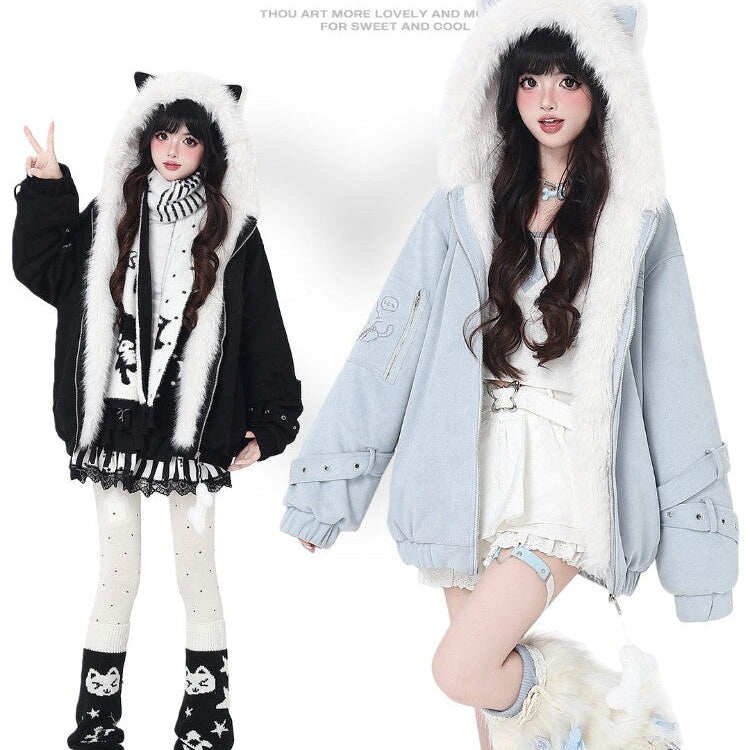 Angel Kitty Fluffy Cat Ear Oversized Quilted Cotton Jacket – Casual Warm Outerwear