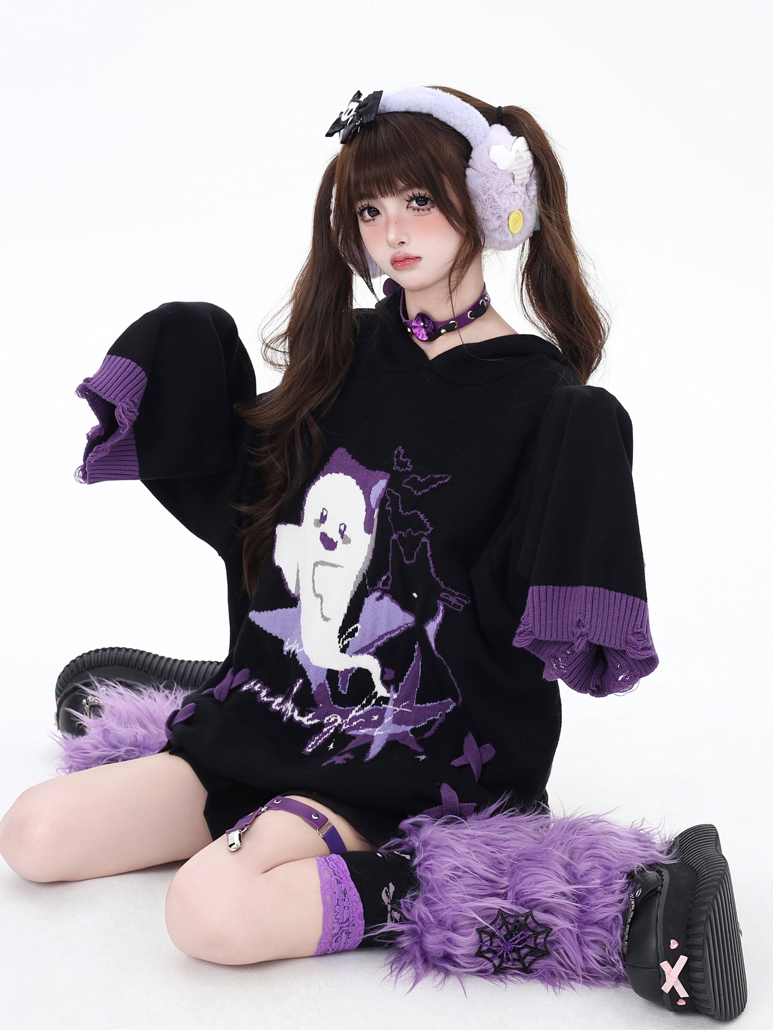 Halloween Little Ghost Original Black Purple Color Block Tie-Up Oversized Sweater Top – Winter Women